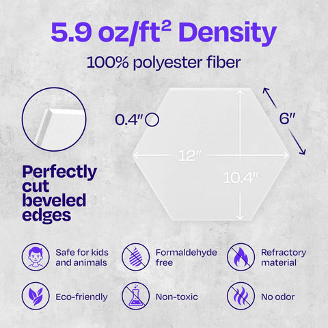 5.9 oz/ft² density white hexagon acoustic panel dimensions and material details for sound absorption, product focus keyword: Make Your Space Pop With These High Density White Hexagon Acoustic Panels to Dampen Noise and Kill Echoes Quick for Studios Podcast Rooms and Home Offices Sound Absorbing Wall Tiles Pack of 12 Insane Value.