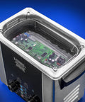 Commercial Ultrasonic Cleaner Platinum Edition 2.2 Liter Hella Tough Unit with circuit board inside stainless steel basket.