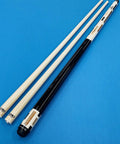 Top Shelf Carom Pool Cue For Three Cushion Billiards Featuring S30 E71 Maple Shafts And A Patented Vp2 Joint laying on blue fabric.