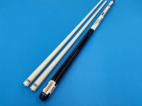Top Shelf Carom Pool Cue For Three Cushion Billiards Featuring S30 E71 Maple Shafts And A Patented Vp2 Joint laying on blue fabric.