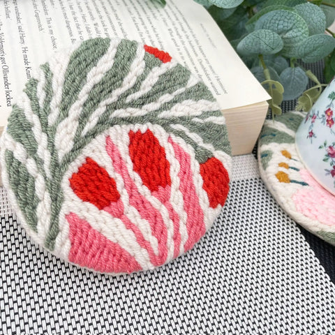 Punch Needle Coaster Kit With 6 Dope Floral Patterns, Complete Tool Set, multicolor coaster with red and green design