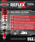 Reflex Steering Stabilizer For Vans And Class C Motorhomes Keeps Your Ride Smooth And Confident Tames Road Wander Improves Steering Control Adds Front Tire Blowout Protection RBK Mounting Kit Required Built Tough For Long Trips, shown with benefits and USA made emphasis.