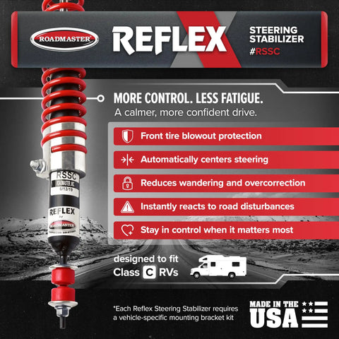 Reflex Steering Stabilizer For Vans And Class C Motorhomes Keeps Your Ride Smooth And Confident Tames Road Wander Improves Steering Control Adds Front Tire Blowout Protection RBK Mounting Kit Required Built Tough For Long Trips, shown with benefits and USA made emphasis.