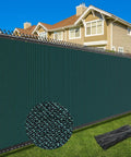 Heavy Duty Privacy Fence Screen 4x50 Ft Mesh Shade Net 170GSM With 90 Percent Blockage For Wall Garden Yard Backyard And Construction Sites Dark Green Weather Resistant And UV Stabilized For All Season Use installed on a fence.