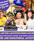 Children enjoying Treasure Chest Dig Kit Party Pack For 12 Kids With 12 Gems And Crystals, wearing pirate hats, in a playful setting.