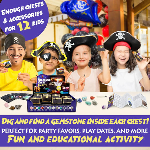 Children enjoying Treasure Chest Dig Kit Party Pack For 12 Kids With 12 Gems And Crystals, wearing pirate hats, in a playful setting.