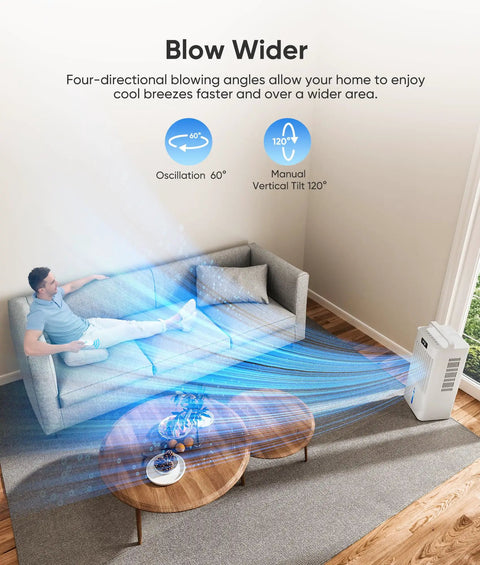 Man using Portable 3-In-1 Evaporative Air Cooler With Remote And Touch Control, blowing air across living room.