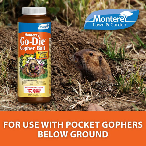 Go Die Gopher Bait For Pocket Gophers Strychnine Treated Grain Bait bottle next to a gopher in field for burrow system application