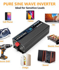 Heavy Duty 3000W Pure Sine Wave Power Inverter 12V To 120V AC Converter Built Like A Tank With 6000W Peak Surge for multiple devices.