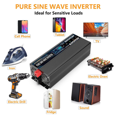 Heavy Duty 3000W Pure Sine Wave Power Inverter 12V To 120V AC Converter Built Like A Tank With 6000W Peak Surge for multiple devices.