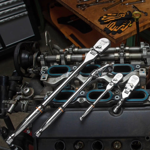 Four Piece Ratchet Set With Flexible Head And 90-Tooth Full Polish Finish for Tight Spots on engine, includes 1/4, 3/8, 1/2 inch drives