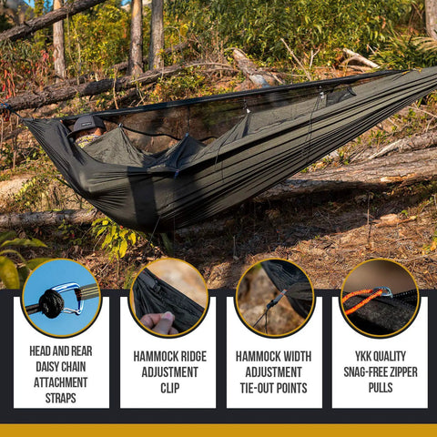 Kompound Camping Hammock With Net And Warm Internal Cover Ultralight Portable Hammock set up in forest with adjustment details visible