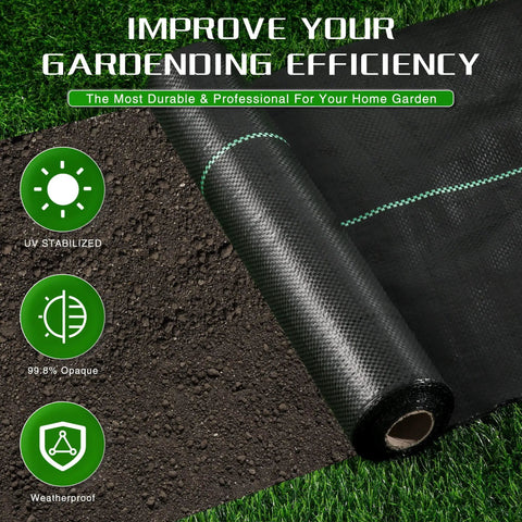 Heavy Duty Weed Barrier Landscape Fabric 2.6 Ft By 100 Ft Thick Garden Blocker Cloth Weed Mats on grass with soil background
