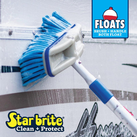 Deluxe Telescoping Deck Brush Kit With Extendable Aircraft Grade Aluminum Handle cleaning a boat surface, blue bristles
