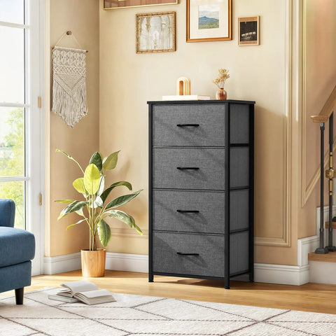 Four Drawer Fabric Storage Tower With Steel Frame And Wooden Top Built Tough For Bedroom Living Room And Closets