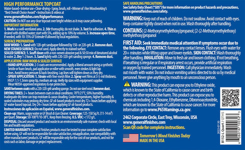 Product label for Durable Water Based Topcoat Satin Finish 1 Pint For Wood Furniture And Cabinets with usage instructions.