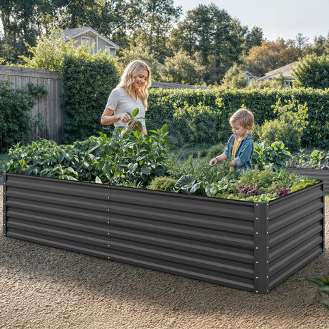 Galvanized Raised Garden Bed Kit 8x4x2 Ft Large Metal Planter Box With Gloves Safety Rubber and Support Rods for No Sweat Setup Outdoor Garden Bed for Vegetables and Flowers Black in garden with plants and people.
