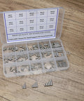 225-piece stainless steel dowel pins shelf support kit in a clear plastic organizer with M2, M3 and M4 sizes.