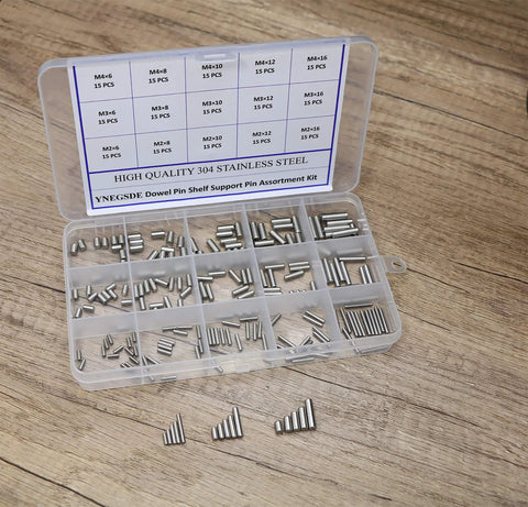 225-piece stainless steel dowel pins shelf support kit in a clear plastic organizer with M2, M3 and M4 sizes.