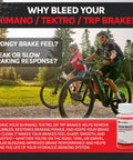 Cyclists enjoying smooth ride with 60ml Mineral Oil Hydraulic Brake Fluid For Shimano Tektro And TRP Brakes and bleed kit bottle.