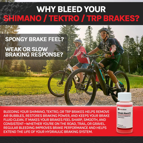 Cyclists enjoying smooth ride with 60ml Mineral Oil Hydraulic Brake Fluid For Shimano Tektro And TRP Brakes and bleed kit bottle.