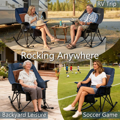 Big And Tall Rocking Camping Chair With 400 Lb Capacity used in RV trip, backyard leisure, and soccer game settings