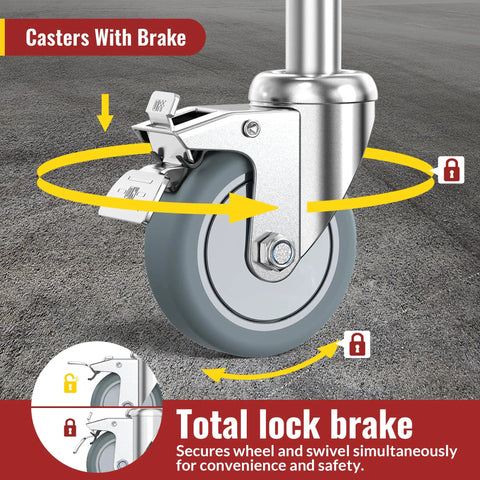 Built Tough 3 Inch Locking Caster Wheels Set Of 4 Heavy Duty TPR Rubber Swivel Castors With Top Lock Brake 7/16 Stem close-up of brake mechanism