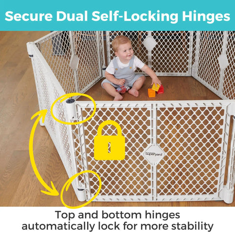 Two In One Superyard Duo Extra Wide Baby Gate And Play Yard Six Panel Portable Playpen with baby inside, showing secure hinges