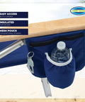 Close-up of Lay Flat Five Position Backpack Beach Chair pocket with bottle opener and insulated holder, navy polyester material.