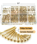 Gold Galvanized Wood Screws Set With Phillips Drive, 152-Piece Assortment For DIY Projects, 6 Lengths From 1/2 Inch To 2 Inches