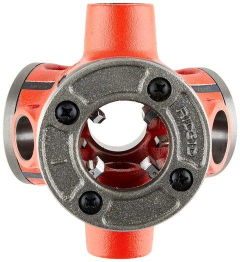Ridgid 31a Npt Three Way Pipe Threader 36540 With Ratchet Dies For Half Three Quarter And One Inch Tubing, close-up view.