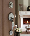 Mid Century Modern Front Door Handleset In Rich Black With Colonial Knob Interior Solid Zinc Construction Interior Trim Included ANSI Grade 3 Security Residential Front Door Hardware For A Sleek Hardcore Upgrade