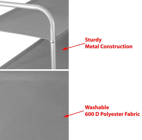 Close-up of the 3 Tier Closet Organizer With 2 Drawers, Grey Fabric Shelves, And Metal Frame, showcasing metal and fabric details.