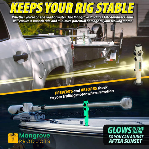 Built Tough Adjustable Trolling Motor Stabilizer Bracket With Vertical Adjustment And Shock Absorption, Hassle Free No Drill Install For Minn Kota Rhodan Garmin Boats, Ride Smooth Outboard Support on a fishing boat.
