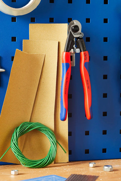 Heavy Duty Wire Rope Cutter And Crimping Tool With Comfort Grip Pro Grade For Double Function 7 1/4 Inch hanging on pegboard