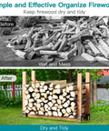 Comparison of firewood storage, before messy pile, after organized on Adjustable Firewood Rack Set Of 4 For Outdoor And Indoor Use
