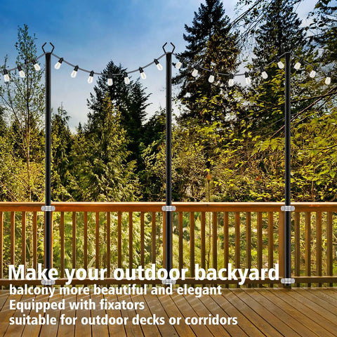 4 Pack 10Ft Outdoor String Light Poles With Forked Stands on wooden deck overlooking trees, durable and heavy-duty