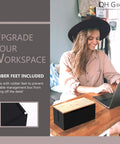 Large Bamboo Wood Cable Management Box Organizer to Hide Away All Your Messy Cords and Power Strips Under Desk or on the Floor Works Great as a Monitor Stand Riser for TV Router Computer and More in Sleek Black with Rubber Feet on Desk
