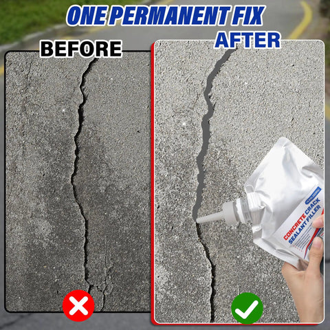 No Sweat Concrete Crack Filler Set Self Leveling Flexible Sealant For Driveways And Foundations 50 Oz before and after image of concrete crack repair.