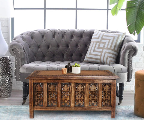 Solid Mango Wood Hand Carved Coffee Table 36x18 Inch With Vintage Burnt Finish, Modern Center Table For Living Room And Entryway, Ideal For Magazines Books And Plants, Durable Farmhouse Style