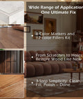 Professional Wood Furniture Repair Kit With Twelve Shade Fillers And Eight Touch Up Markers showing wood surfaces and applications.