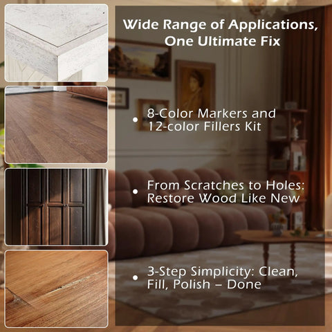 Professional Wood Furniture Repair Kit With Twelve Shade Fillers And Eight Touch Up Markers showing wood surfaces and applications.