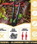 Beefy 16 Pack 7075 Aluminum Tent Stakes 7.25 Inch Long Heavy Duty Ground Pegs with red paracord in forest setting