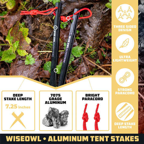 Beefy 16 Pack 7075 Aluminum Tent Stakes 7.25 Inch Long Heavy Duty Ground Pegs with red paracord in forest setting