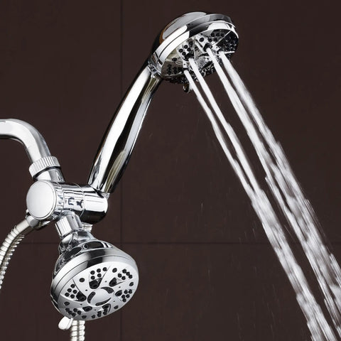 Total Chrome High Pressure Three Way Shower Head And Handheld Combo With Rain Setting, 48 Settings seen spraying water