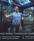 Man holding waterproof outdoor string lights 24 ft with 7 dimmable 2W vintage Edison bulbs, commercial grade patio lighting.