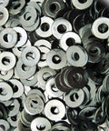Heavy Duty 5/16 Inch USS Flat Washers Zinc Plated Rust Resistant Steel Fasteners Bulk 50 Pack stacked in close-up view.