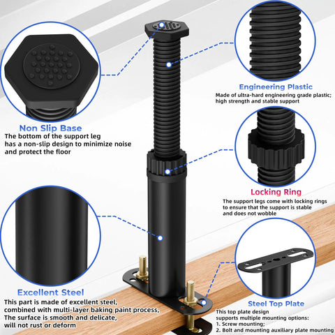Six Pack Adjustable Bed Support Legs With Locking Ring stand features non-slip base, locking ring, and steel top for stability.