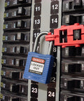 120V Snap On Breaker Lockout Red Pack Of 6 For Electrical Safety And Lockout Compliance attached to circuit breaker panel