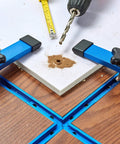 Heavy Duty Aluminum T Track Hold Down Clamps Blue Set With Five Star Knobs And T Bolts Fits Universal Bench Tracks securing wood while drilling.